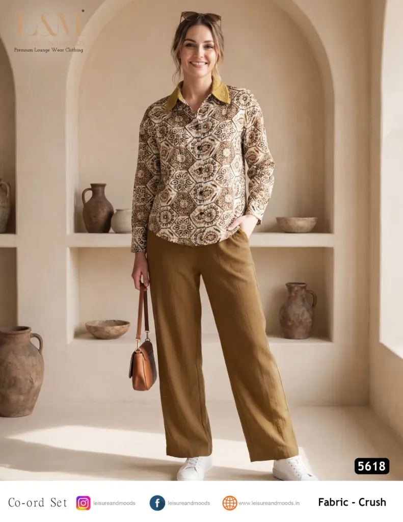 L&M Premium Crush Fabric Mandala Print Co-ord Set - Olive & Mustard (Style 5618) (M)