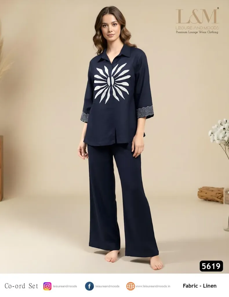 L&M Navy Linen Co-ord Set with Sunburst Graphic & Wide-Leg Trousers - Style 5619 (M)