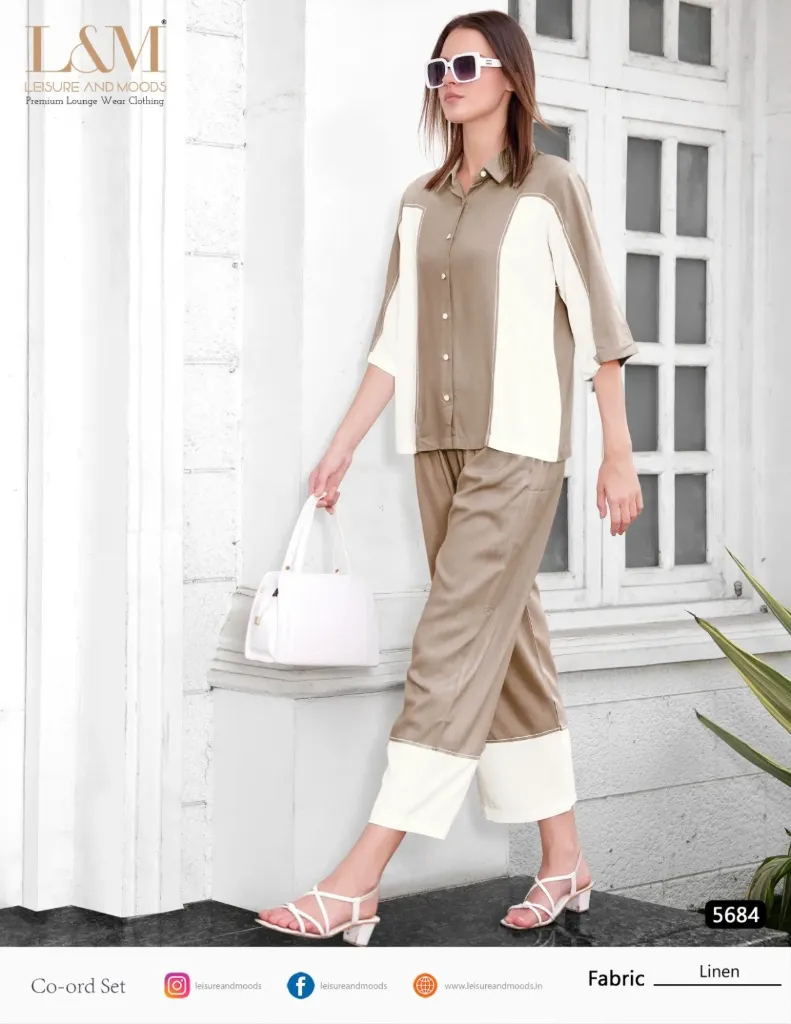 L&M Taupe & Cream Paneled Linen Co-ord Set - Style 5684 (M)